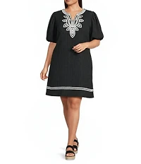 Calessa Plus Size Embroidered Split V-Neck Elbow Balloon Sleeve Shift Dress