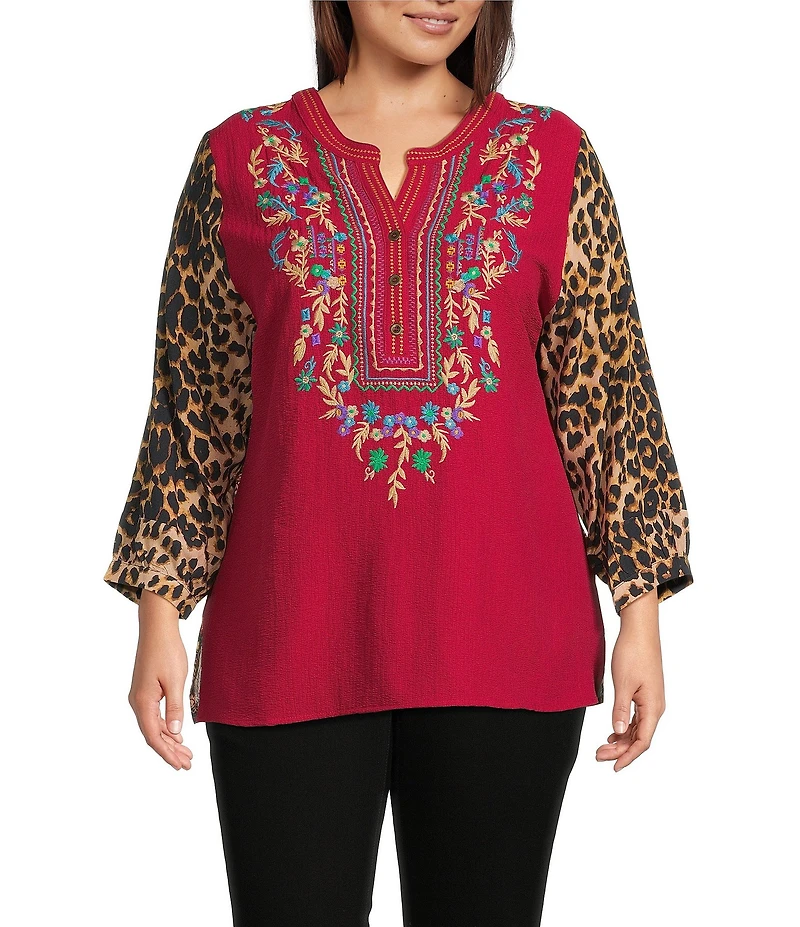 Calessa Plus Size Embroidered Split V-Neck Leopard print 3/4 Sleeve Tunic