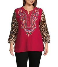 Calessa Plus Size Embroidered Split V-Neck Leopard print 3/4 Sleeve Tunic