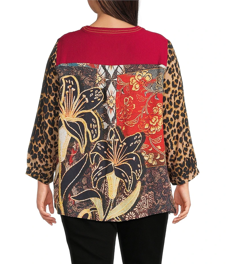 Calessa Plus Size Embroidered Split V-Neck Leopard print 3/4 Sleeve Tunic