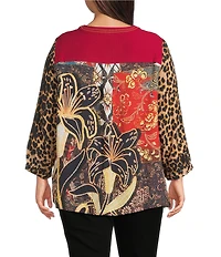Calessa Plus Size Embroidered Split V-Neck Leopard print 3/4 Sleeve Tunic