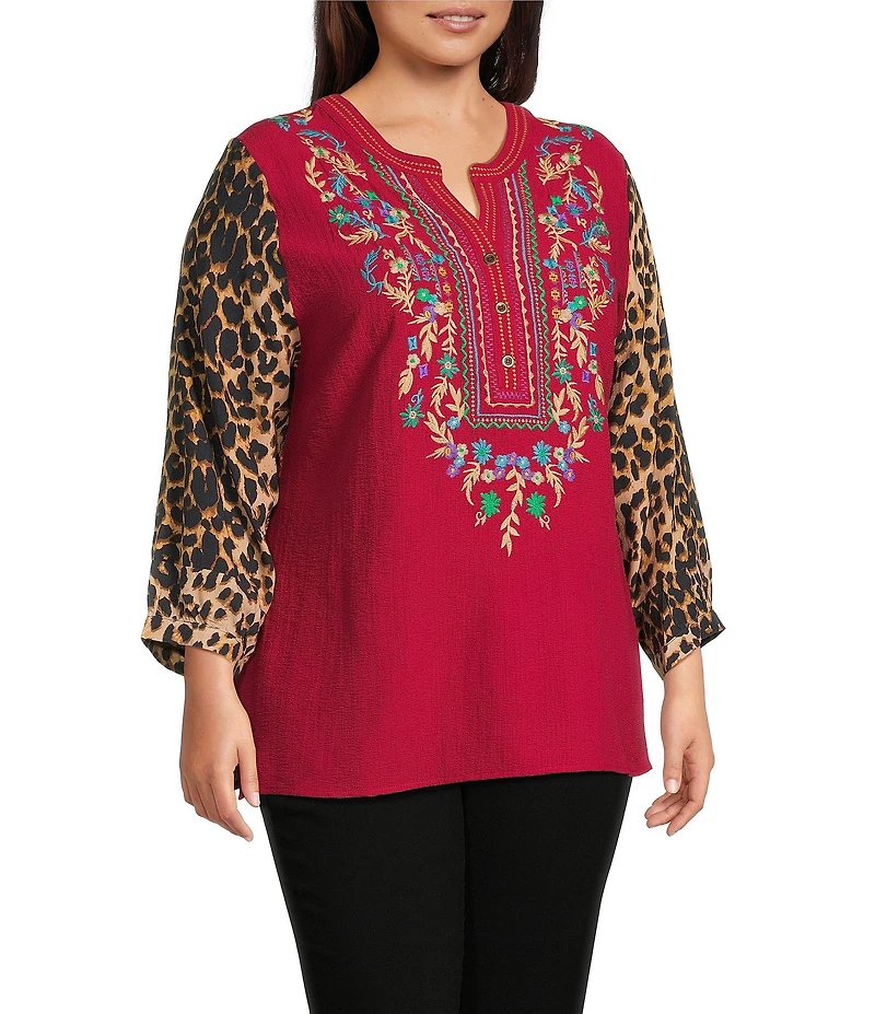 Calessa Plus Size Embroidered Split V-Neck Leopard print 3/4 Sleeve Tunic
