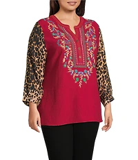 Calessa Plus Size Embroidered Split V-Neck Leopard print 3/4 Sleeve Tunic