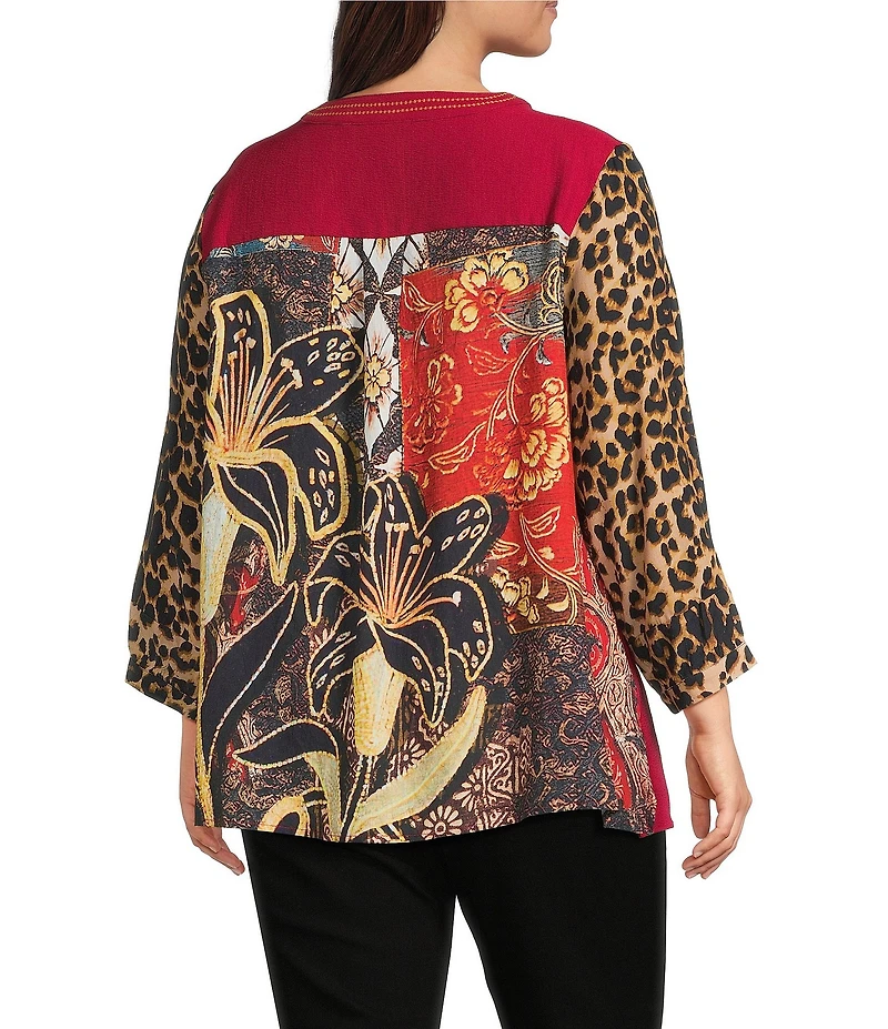 Calessa Plus Size Embroidered Split V-Neck Leopard print 3/4 Sleeve Tunic