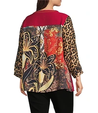 Calessa Plus Size Embroidered Split V-Neck Leopard print 3/4 Sleeve Tunic