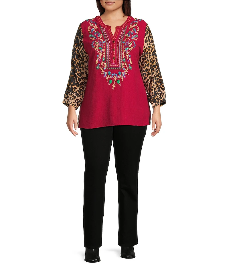 Calessa Plus Size Embroidered Split V-Neck Leopard print 3/4 Sleeve Tunic