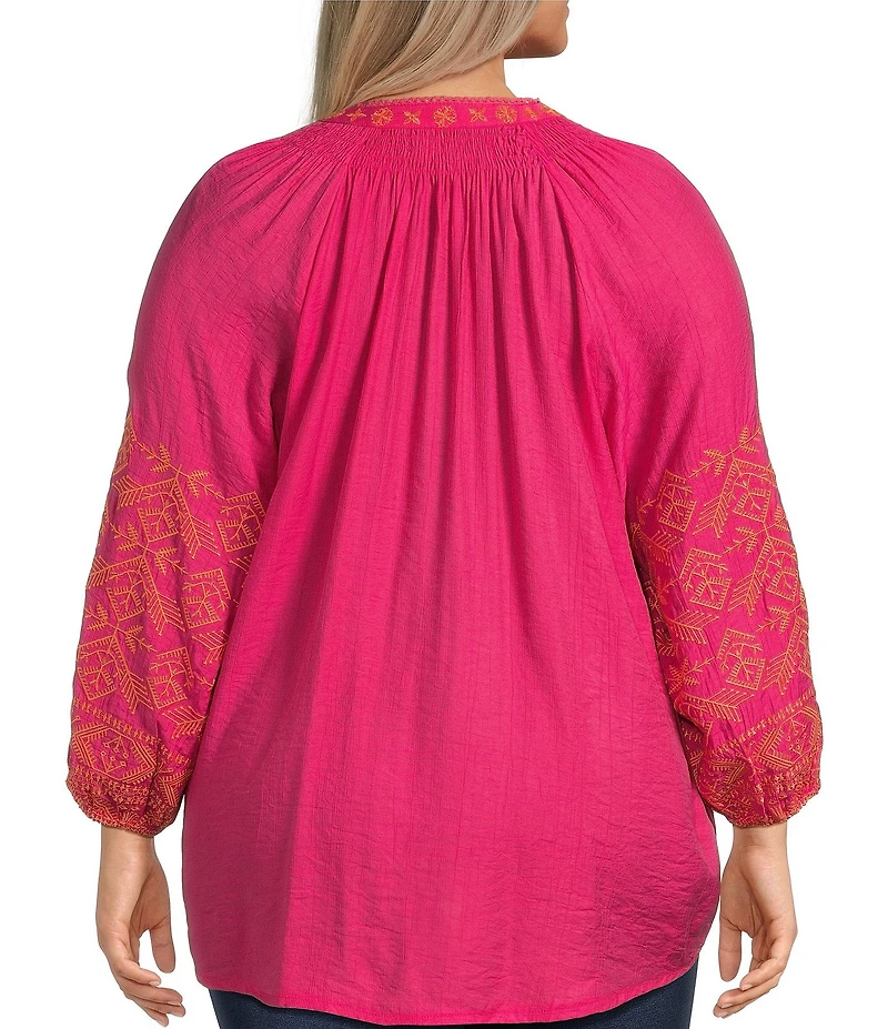 Calessa Plus Size Embroidered Motif Split V-Neckline Long Sleeve Tunic