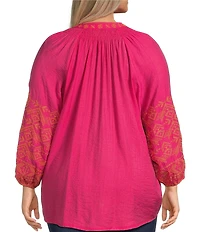 Calessa Plus Size Embroidered Motif Split V-Neckline Long Sleeve Tunic