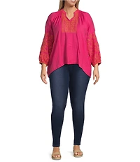 Calessa Plus Size Embroidered Motif Split V-Neckline Long Sleeve Tunic