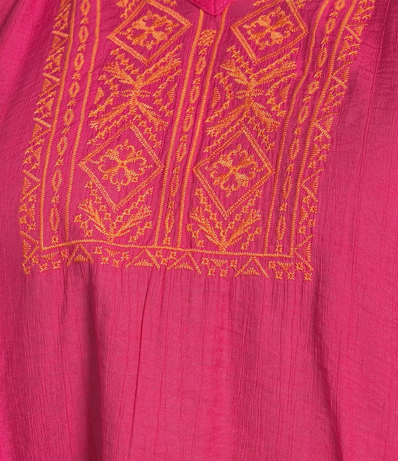 Calessa Plus Size Embroidered Motif Split V-Neckline Long Sleeve Tunic