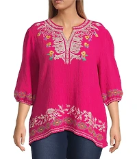 Calessa Plus Size Embroidered Split V-Neck Long Sleeve Tunic