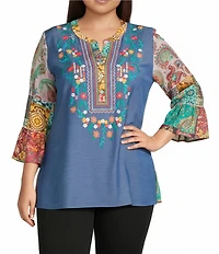 Calessa Plus Size Embroidered Split V-Neck Patchwork-Sleeve Tunic