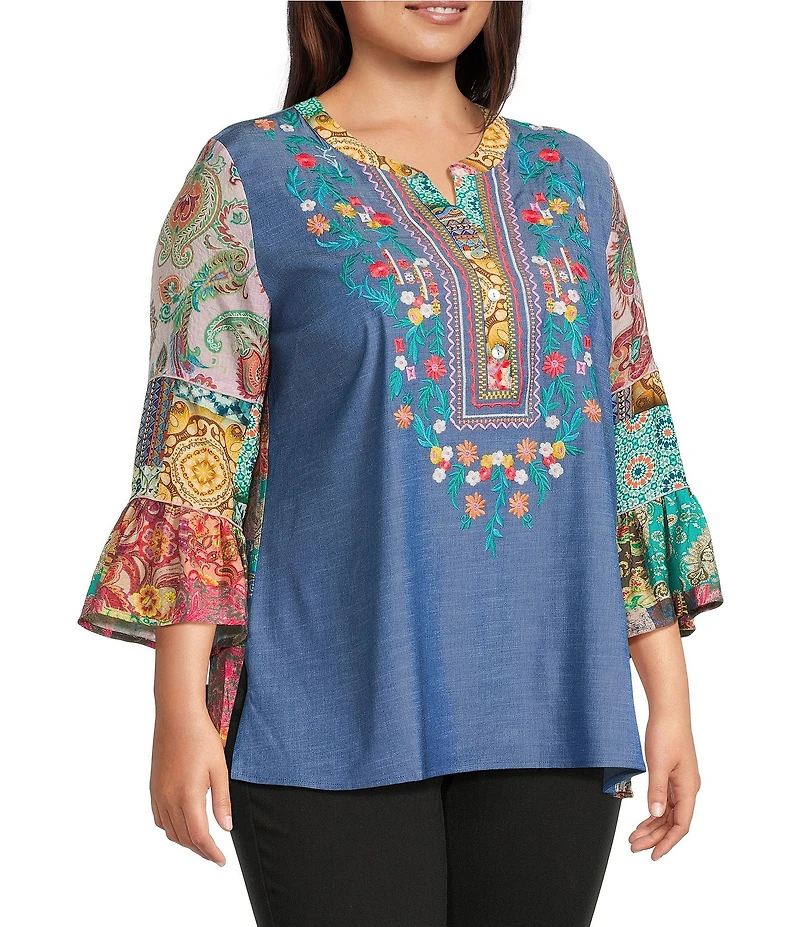 Calessa Plus Size Embroidered Split V-Neck Patchwork-Sleeve Tunic