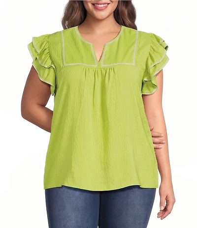 Calessa Plus Size Embroidered Split V-Neck Ruffle Sleeve Tunic