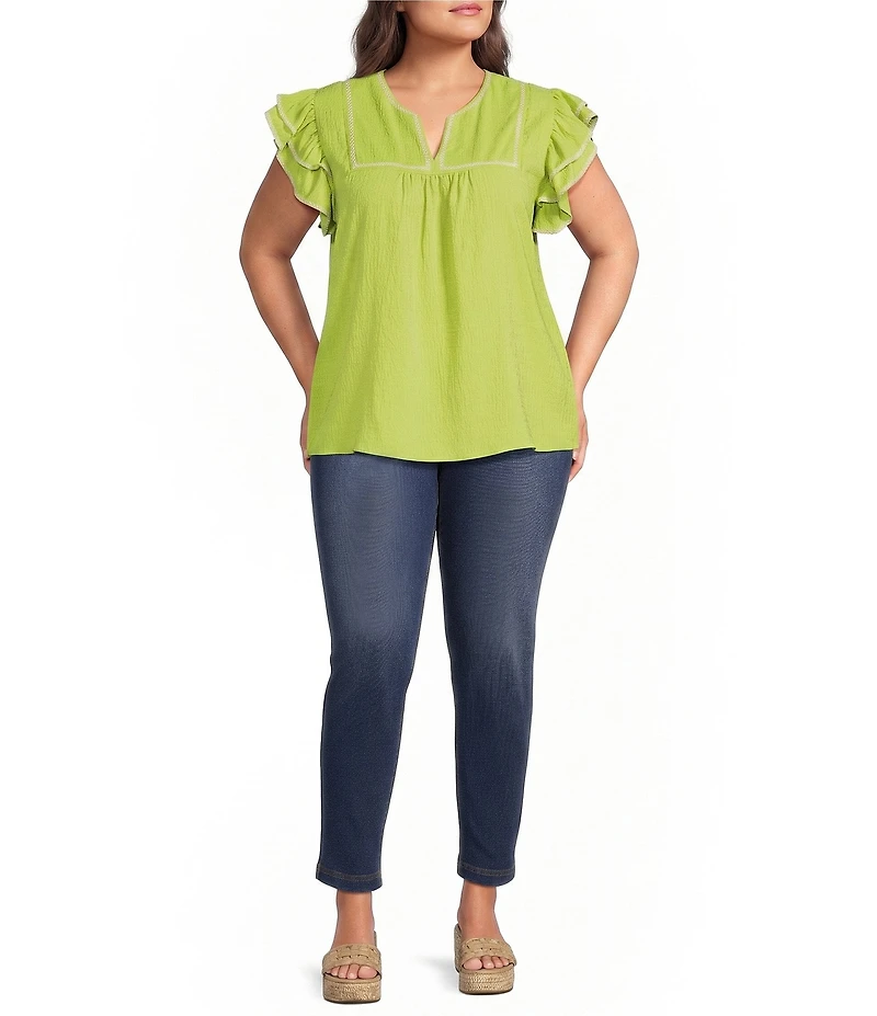 Calessa Plus Size Embroidered Split V-Neck Ruffle Sleeve Tunic