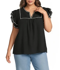 Calessa Plus Size Embroidered Split V-Neck Ruffle Cap Sleeve Tunic