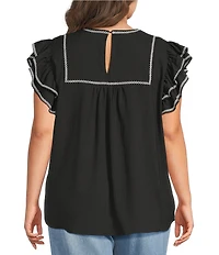Calessa Plus Size Embroidered Split V-Neck Ruffle Cap Sleeve Tunic