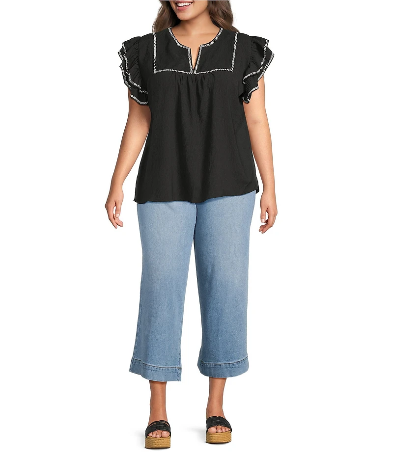 Calessa Plus Size Embroidered Split V-Neck Ruffle Cap Sleeve Tunic