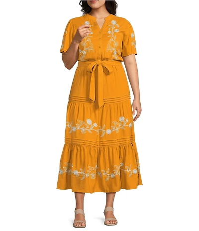 Calessa Plus Size Embroidered Split V-Neck Short Balloon Sleeve A-Line Tiered Belted Maxi Dress