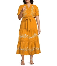 Calessa Plus Size Embroidered Split V-Neck Short Balloon Sleeve A-Line Tiered Belted Maxi Dress