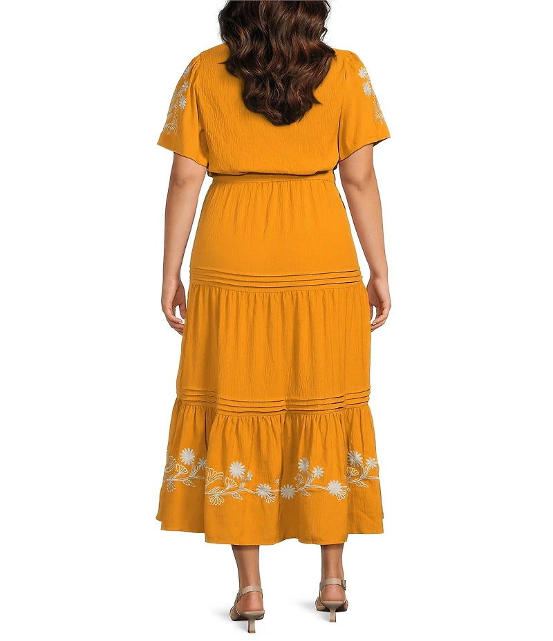 Calessa Plus Size Embroidered Split V-Neck Short Balloon Sleeve A-Line Tiered Belted Maxi Dress