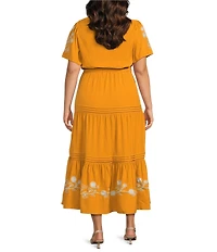 Calessa Plus Size Embroidered Split V-Neck Short Balloon Sleeve A-Line Tiered Belted Maxi Dress