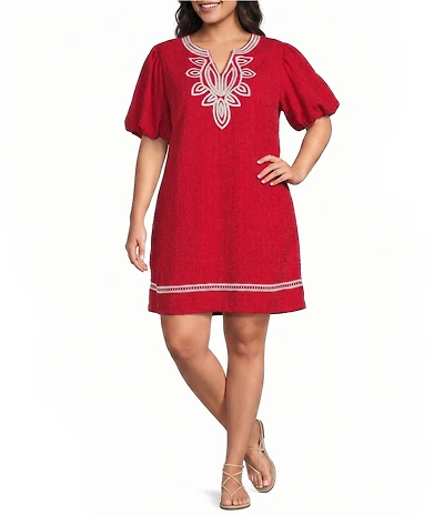 Calessa Plus Size Embroidered Split V-Neck Short Puff Sleeve Shift Dress
