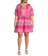 Calessa Plus Size Embroidered Split V-Neck Short Puff Sleeve Shift Dress