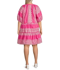 Calessa Plus Size Embroidered Split V-Neck Short Puff Sleeve Shift Dress