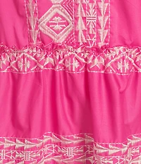 Calessa Plus Size Embroidered Split V-Neck Short Puff Sleeve Shift Dress