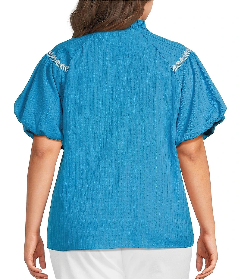 Calessa Plus Size Embroidered Split V-Neck Short Raglan Puff Sleeve Tunic