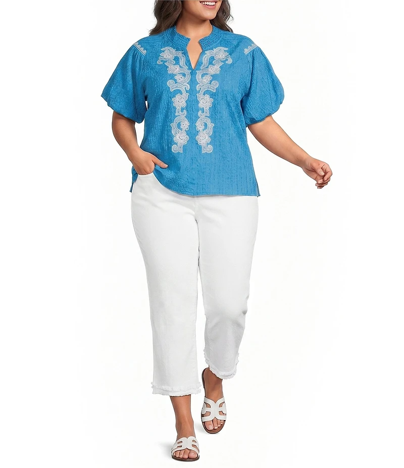 Calessa Plus Size Embroidered Split V-Neck Short Raglan Puff Sleeve Tunic
