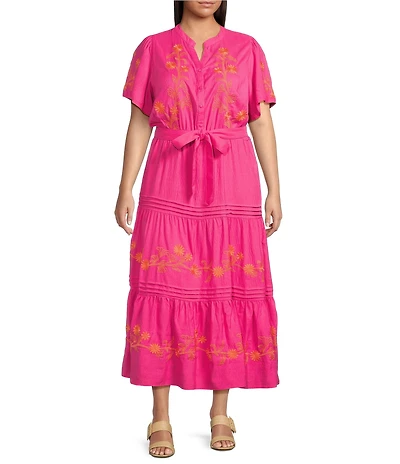 Calessa Plus Size Embroidered Split V-Neck Short Sleeve Belted Dress