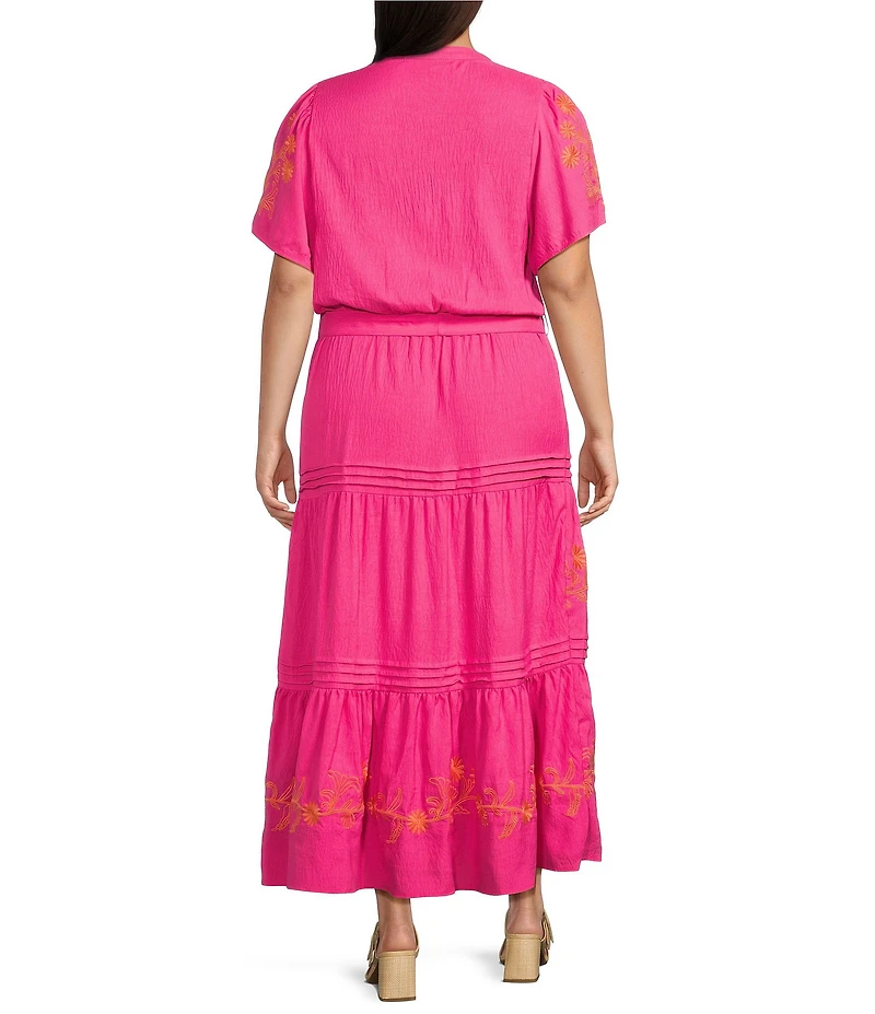 Calessa Plus Size Embroidered Split V-Neck Short Sleeve Belted Dress