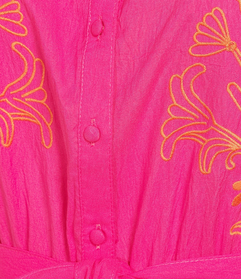 Calessa Plus Size Embroidered Split V-Neck Short Sleeve Belted Dress