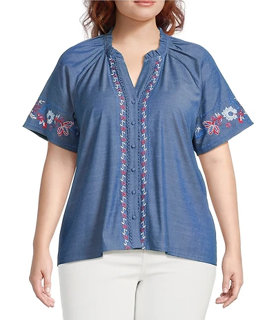 Calessa Plus Size Embroidered Split V-Neck Short Sleeve Button-Front Tunic
