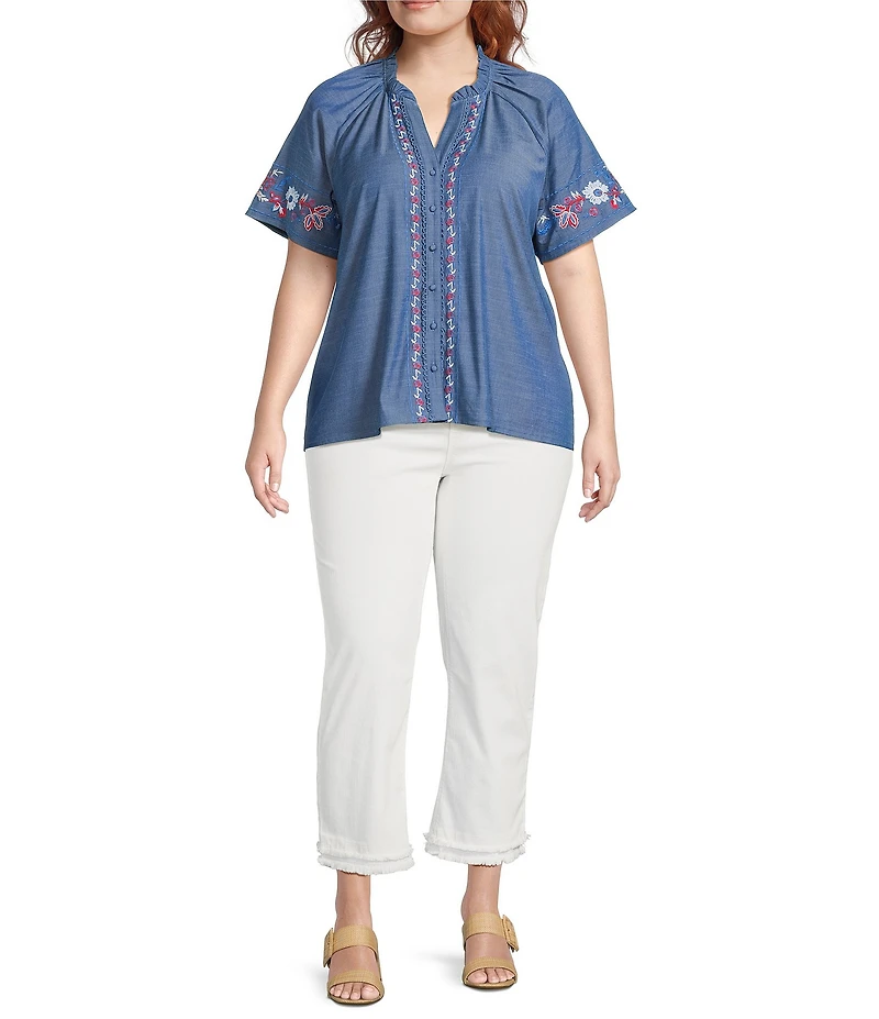 Calessa Plus Size Embroidered Split V-Neck Short Sleeve Button-Front Tunic
