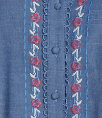 Calessa Plus Size Embroidered Split V-Neck Short Sleeve Button-Front Tunic
