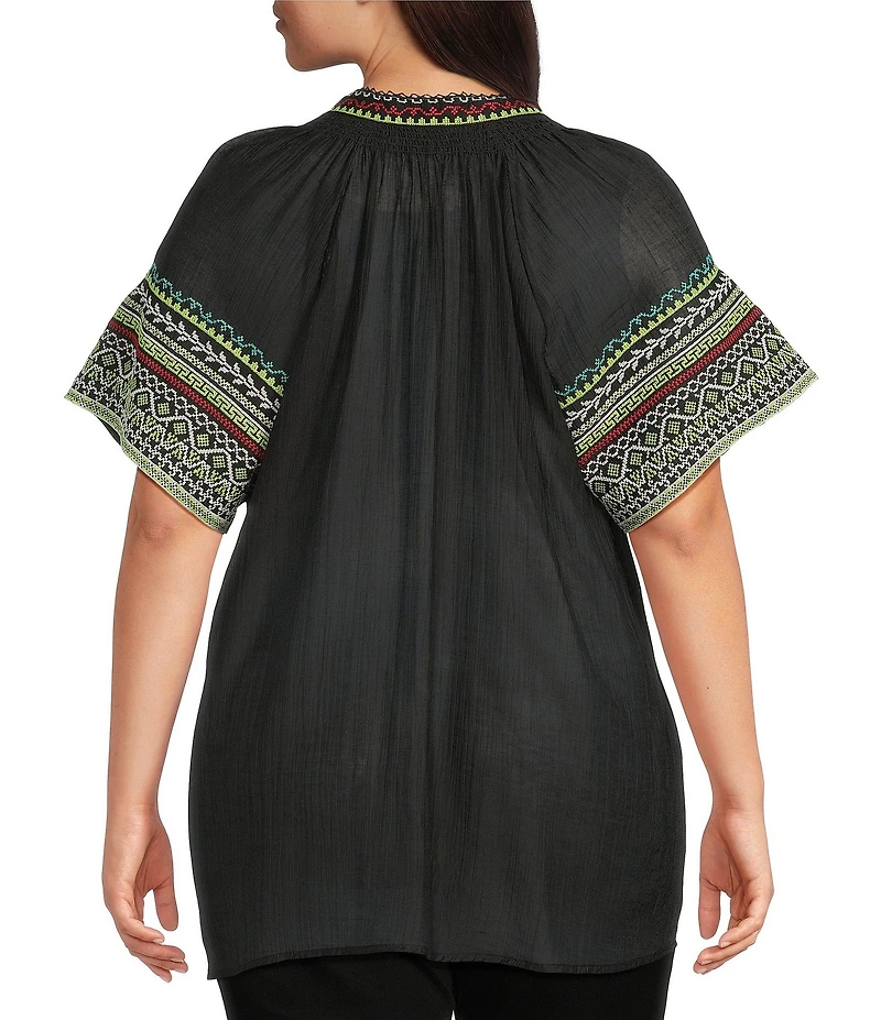 Calessa Plus Size Embroidered Split V-Neck Short Sleeve Tunic