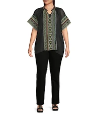 Calessa Plus Size Embroidered Split V-Neck Short Sleeve Tunic