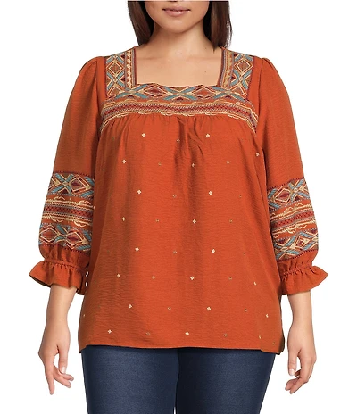 Calessa Plus Size Embroidered Square Neck 3/4 Bell Sleeve Tunic