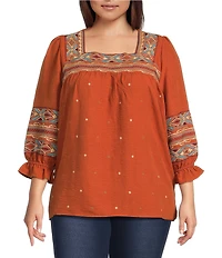 Calessa Plus Size Embroidered Square Neck 3/4 Bell Sleeve Tunic
