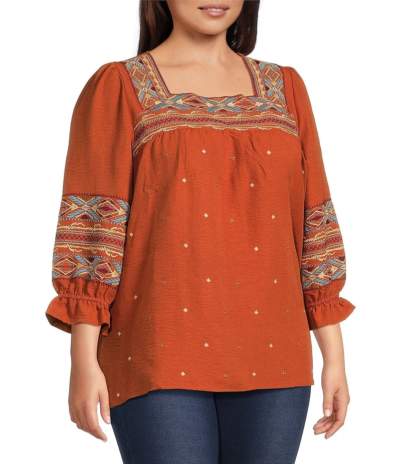 Calessa Plus Size Embroidered Square Neck 3/4 Bell Sleeve Tunic