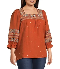 Calessa Plus Size Embroidered Square Neck 3/4 Bell Sleeve Tunic