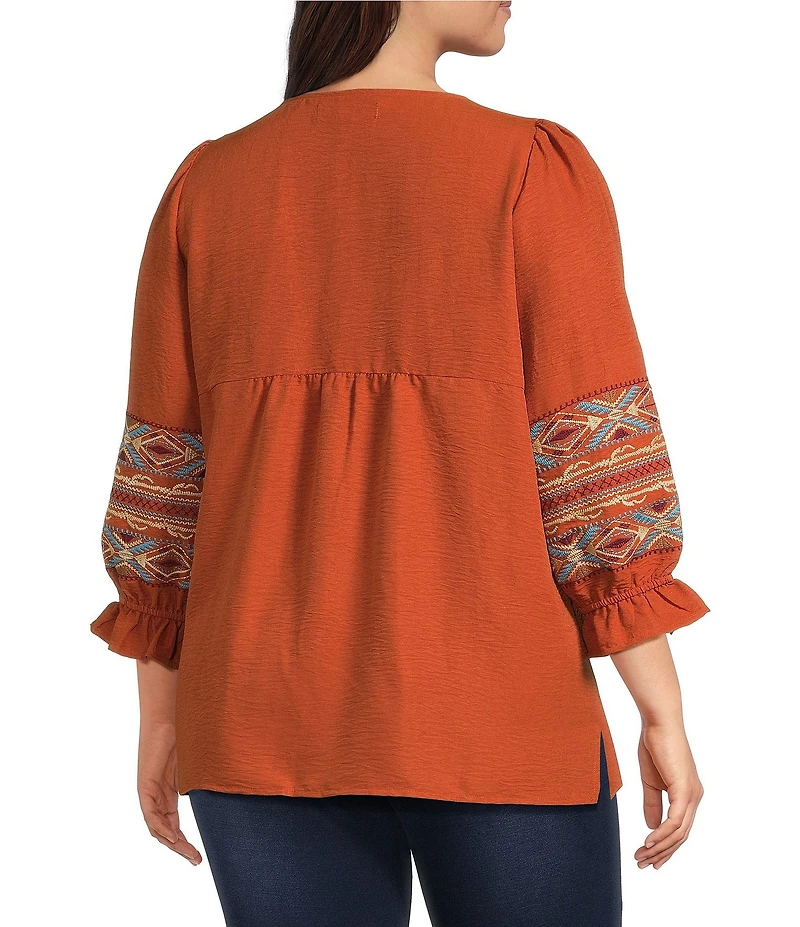 Calessa Plus Size Embroidered Square Neck 3/4 Bell Sleeve Tunic