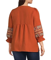Calessa Plus Size Embroidered Square Neck 3/4 Bell Sleeve Tunic