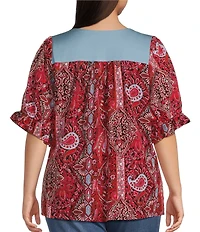 Calessa Plus Size Embroidered Square Neck Short Sleeve Tunic