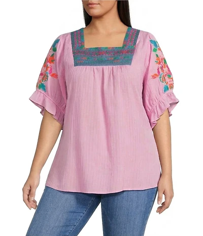 Calessa Plus Size Embroidered Square Neck Short Sleeve Tunic