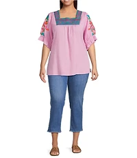 Calessa Plus Size Embroidered Square Neck Short Sleeve Tunic