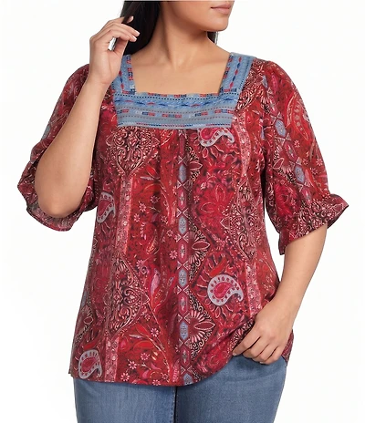 Calessa Plus Size Embroidered Square Neck Short Sleeve Tunic